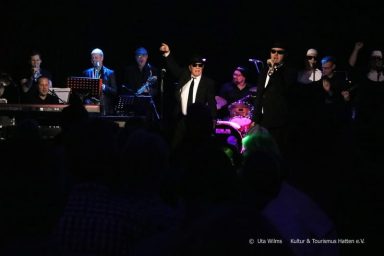 Musiker auf der Bühne bei einem Auftritt mit Band und Publikum im Hintergrund.