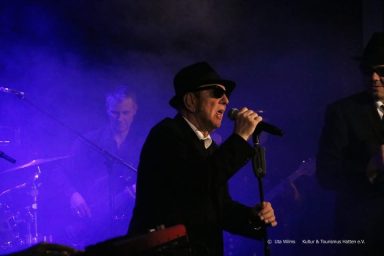 Mann mit Sonnenbrille und Hut singt vor blauem Hintergrund mit Bandmitgliedern.