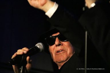 Ein Mann mit Sonnenbrille hält ein Mikrofon und singt auf der Bühne.
